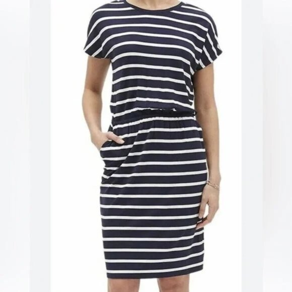 Banana Republic Navy and White Striped Midi Dress - Picture 1 of 7